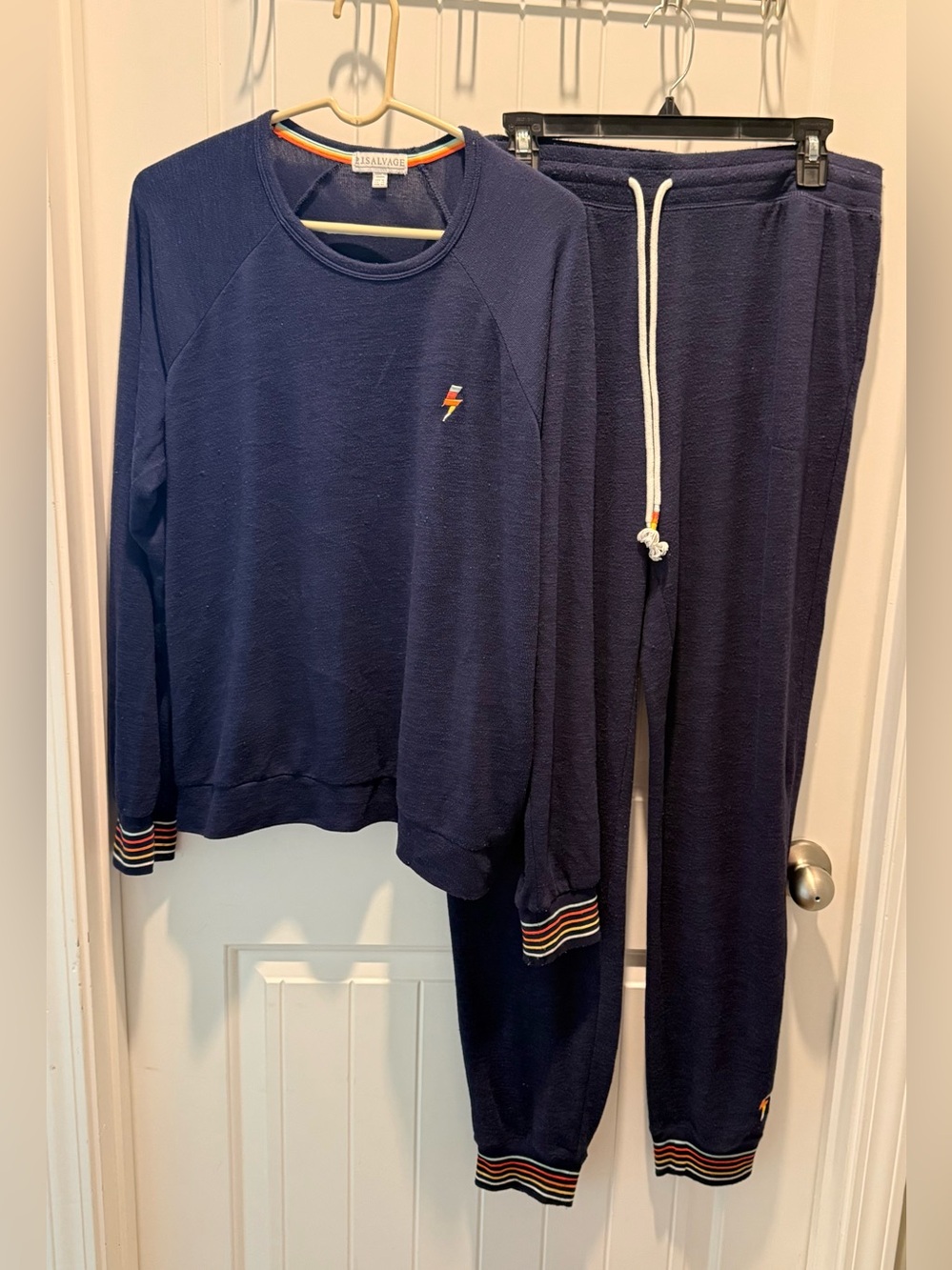 P.J. Salvage Navy Lightning Bolt Lounge Set Rainbow Trim Joggers